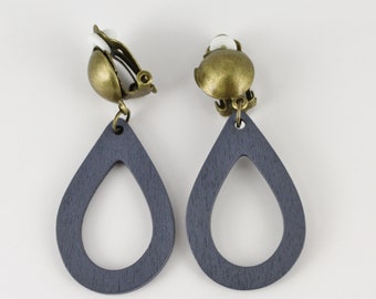Grey clip on earrings oval teardrop wood dangle clip earrings clips non-pierced earrings 2 1/8" long Bronze clips