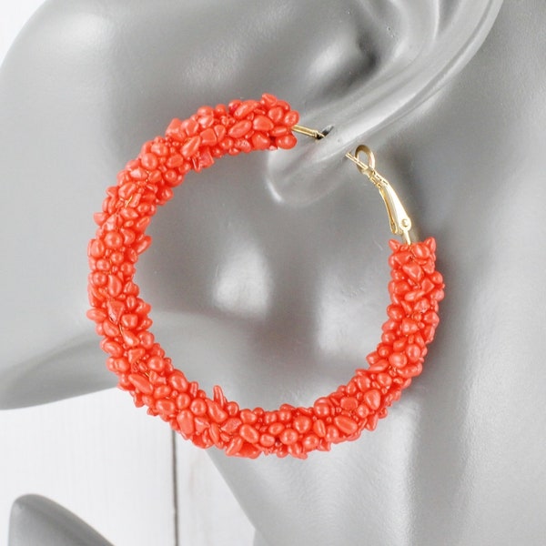 Beaded hoop earrings Coral Red color beads 2.25" wide lever back hoops earrings seed bead hoop earrings