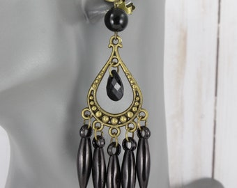 Beaded clip on earrings chandelier dangle clips filigree metal 3.75" long wiggly flowy non-pierced earrings teardrop oval bronze Black