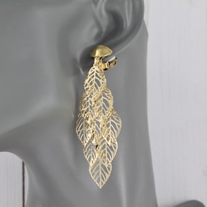 Gold clip on earrings leaf chandelier lightweight dangle clips filigree leaves metal 3 1/8" long wiggly flowy clips non-pierced earrings