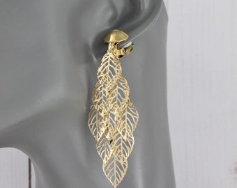 Gold clip on earrings leaf chandelier lightweight dangle clips filigree leaves metal 3 1/8" long wiggly flowy clips non-pierced earrings
