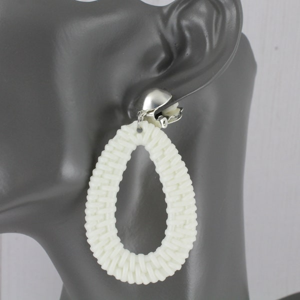 Clip On earrings off white  woven Earrings 2.5" long Dangle non pierced clips oval teardrop plastic wicker rattan pattern basketweave