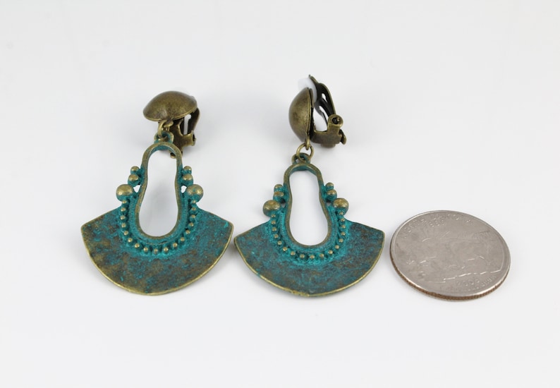 Clip On earrings turquoise green patina brass bronze teardrop Earrings Boho Chic Moroccan Medallion Dangle Earrings 2.25 long