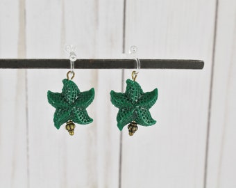 Gold clip on earrings starfish dangle invisible clip earrings sea star non-pierced earrings 1.25" long omega clear clip dark green