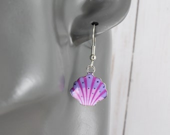 Purple shell earrings small dangle earrings dangle earrings 1 3/8" long very lightweight dangles silver beach tropical purple pink