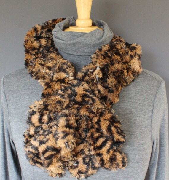 Brown Black Scarf Faux Fur Cheetah Leopard Furry Scarf Neck Wrap