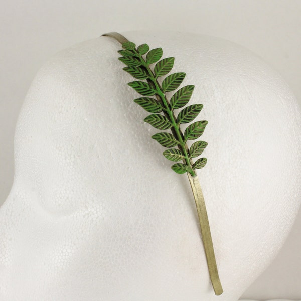 Green painted laurel crown leaf leaves metal thin skinny headband hair band accessory bridal wedding head piece branch antiqued gold bronze