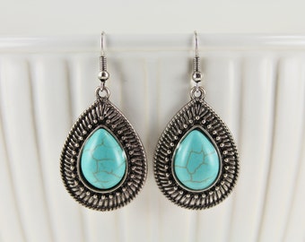 antiqued Silver turquoise beaded teardrop medallion dangle drop earrings french hook 2" long