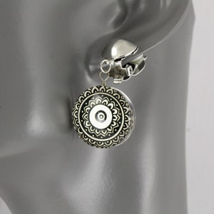 Black White Clip On earrings Silver ear clip Non-pierced Clips mandala earrings 1 5/8&quot; long Black White brocade mandala pattern