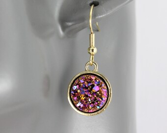 Pink Gold druzy earrings 1 5/16" long lightweight small sparkly earrings round pendant