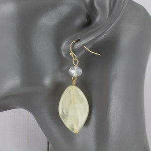 Cream gold earrings plastic faux gem stone dangle dangly  1.75&quot; long marbled look oval shape beads beaded earrings statement
