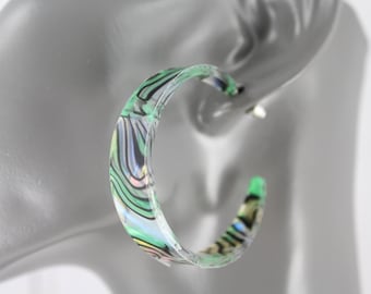 Green Black hoop earrings marbled look plastic lightweight post hoops 1 7/8" wide acrylic light earrings