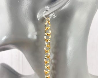 Gold Clip On earrings clear invisible clips lightweight Dangle 3" long oval chain links chandelier