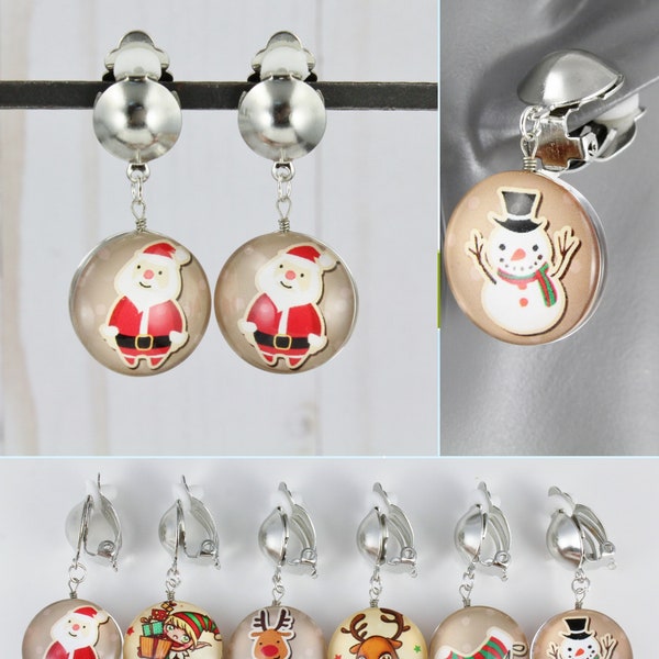 Christmas Clip On earrings Silver ear clip Santa Claus Elf Reindeer Stocking Snowman Non-pierced Clips holiday earrings