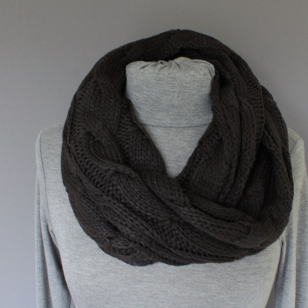 Black cable knit infinity scarf soft chunky knit circle endless loop long circular black scarf cabled scarf fall winter scarf