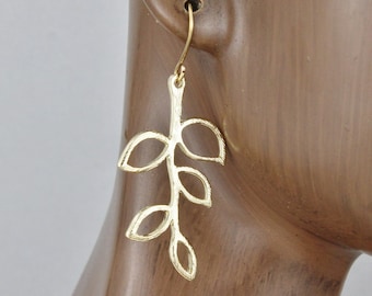 Gold leaf earrings laurel leaf earrings dangle coronas branch greek goddess jewelry lightweight earrings  1 7/8" long lightweight