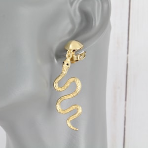 Clip on Gold snake earrings asp cleopatra toga serpent dangle 2.5&quot; long lightweight clip on clips non-pierced earrings