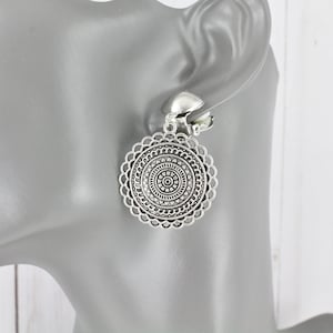 Silver clip on earrings round stamped pattern dangle clip earrings medallion clips non-pierced earrings 1.75" long lightweight earrings