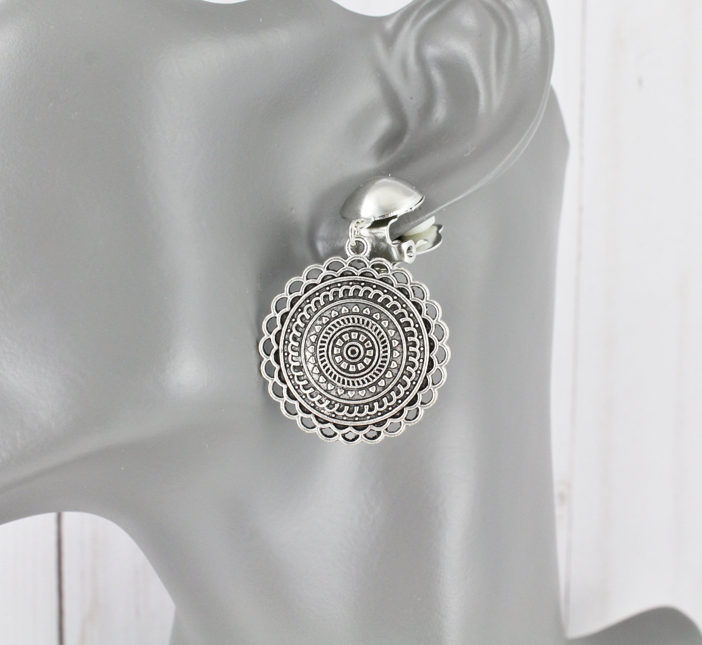 Silver clip on earrings round stamped pattern dangle clip earrings medallion clips non-pierced earrings 1.75" long lightweight earrings