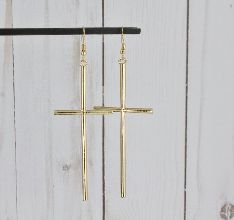 long Gold Cross dangle earrings 3 7/8 long lightweight big huge cross pendant dangly cross pendant earrings easter image 7