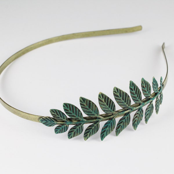 Teal laurel leaf headband painted crown leaves metal thin skinny hair band bridal wedding head piece branch antiqued gold bronze teal green