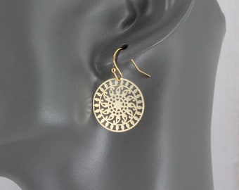 gold earrings filigree small cut out round medallion dangle earrings gold dangle earrings 1 1/8" long very lightweight dangles