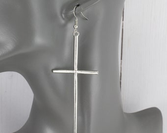 long Silver Cross dangle earrings 3 7/8" long lightweight big huge cross pendant dangly cross pendants earrings easter