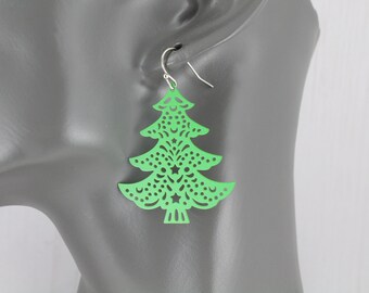 Green Christmas tree earrings filigree earrings dangle jewelry lightweight  1 7/8" long lightweight xmas evergreen tree