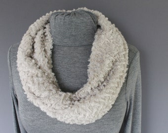 Beige Light Grey scarf faux fur soft infinity scarf cowl neck fluffy soft loop infinity circle winter scarf  warm and cozy