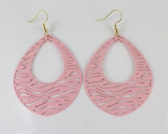 Pink Filigree Earrings 2 7/8" long stripe oval lightweight earrings Bohemian Filigree teardrop Dangle Earrings zebra stripe