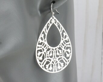 Silver teardrop earrings super lightweight filigree cut out pattern medallion 2 1/8" long light shiny oval earrings