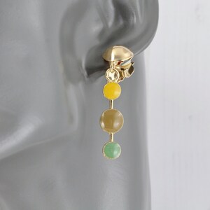 Yellow Brown Green clip on earrings dangle lightweight jewelry Gold enamel dots painted clips non pierced earrings just under 2&quot; long