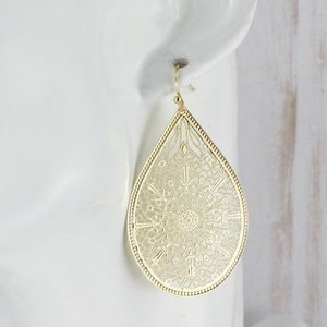 Gold teardrop earrings gold super lightweight filigree cut out pattern medallion big 2.25" long light shiny oval earrings