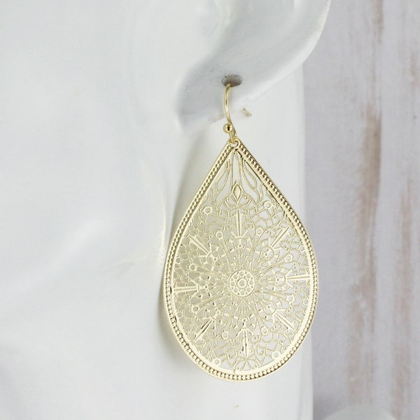 Gold teardrop earrings gold super lightweight filigree cut out pattern medallion big 2.25" long light shiny oval earrings