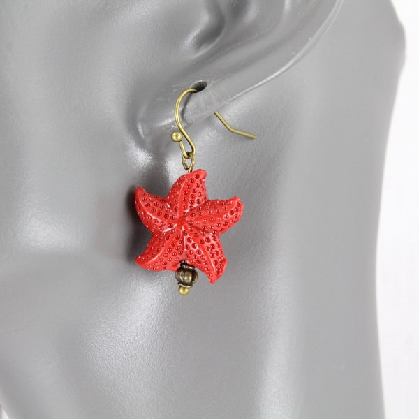 coral Red starfish Earrings 1 3/8" long sea star lightweight earrings bronze ear hook textured starfish pendant earrings
