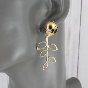Gold clip on earrings leaf vine metal laurel leaf dangle 2&quot; long clips non-pierced earrings clip lightweight leaf clip on earrings