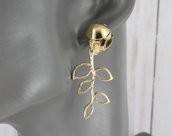 Gold clip on earrings leaf vine metal laurel leaf dangle 2" long clips non-pierced earrings clip lightweight leaf clip on earrings
