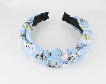 Blue floral headband turban knot top knot hair band soft lightweight fabric knotted headband gauze crepe flowers