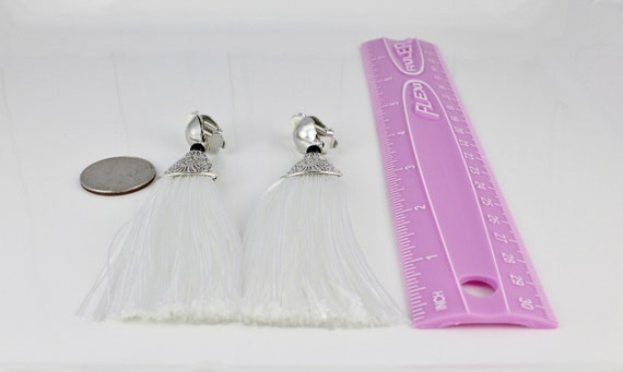 White Tassel Clip on Earrings Dangle 4 Long Clip Earrings Thread