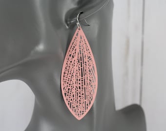 Pink oval teardrop earrings super lightweight filigree cut out pattern medallion 3" long leaf oval earrings skinny narrow leaves pendant