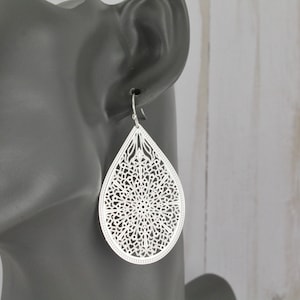 Silver teardrop earrings super lightweight filigree cut out pattern medallion big 2.25&quot; long light shiny oval earrings