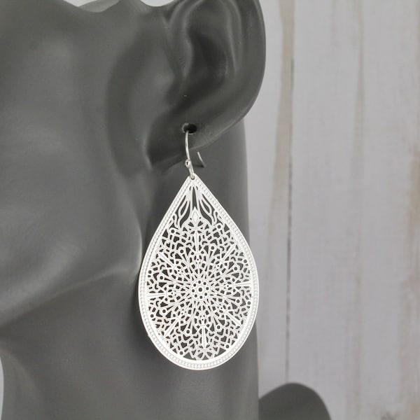 Silver teardrop earrings super lightweight filigree cut out pattern medallion big 2.25" long light shiny oval earrings