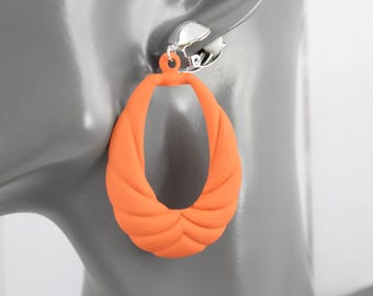 Clip on earrings Orange teardrop dangle oval pendant silver clips lightweight non-pierced 2.75" long