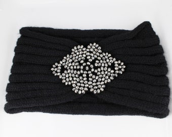 Black Grey beaded turban style crochet ear warmer muff head band wrap ribbed knit soft ear warmers hat