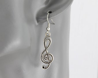 music note Silver earrings music notes dangle 1 7/8" long earrings lightweight gclef treble clef
