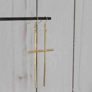 long Gold Cross dangle earrings 3 7/8 long lightweight big huge cross pendant dangly cross pendant earrings easter image 3