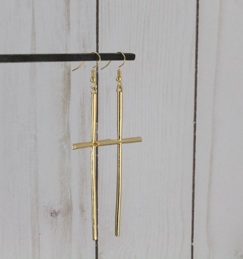 long Gold Cross dangle earrings 3 7/8 long lightweight big huge cross pendant dangly cross pendant earrings easter image 3