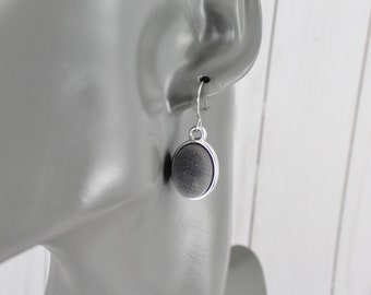 Gray Silver velvet small oval Very lightweight dangle earrings 1.25" long velour Silver pendant Grey gray