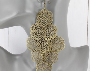 Big huge chandelier earrings filigree flower pendants earrings huge chandelier dangle flowy 5 1/4" long giant bronze