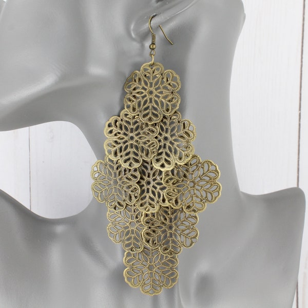 Big huge chandelier earrings filigree flower pendants earrings huge chandelier dangle flowy 5 1/4" long giant bronze